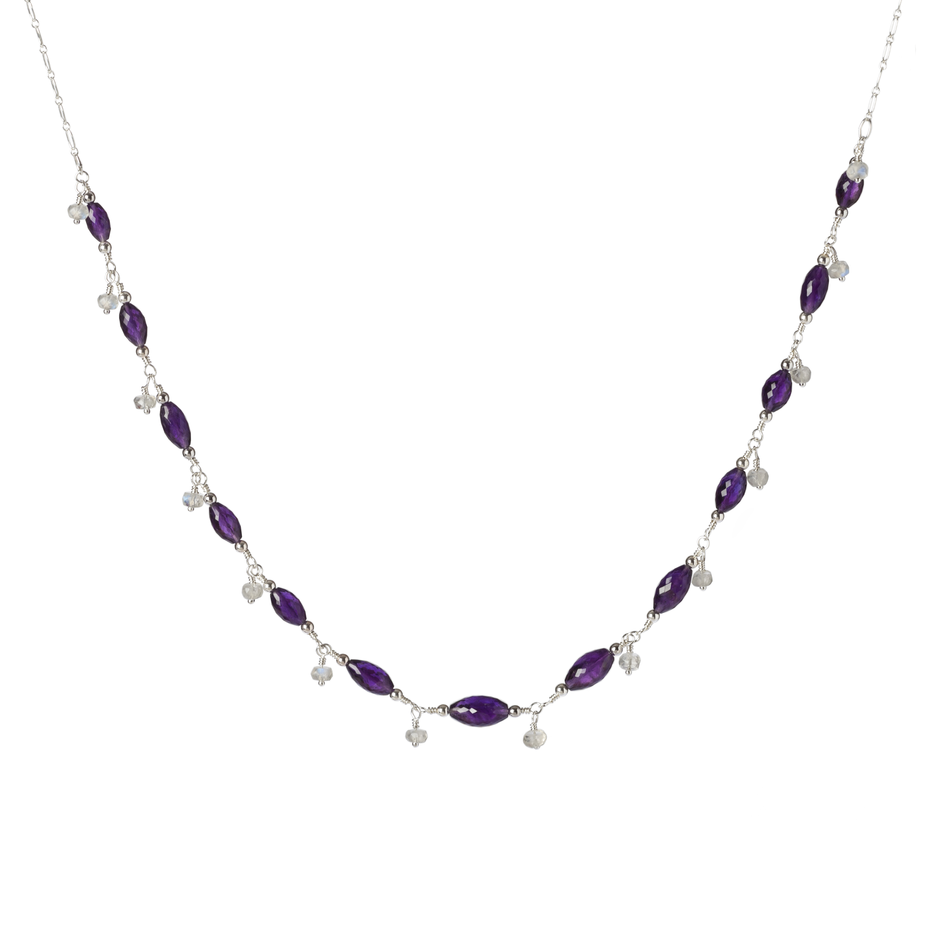 Amethyst Sterling Silver Necklace with Moonstone Drops