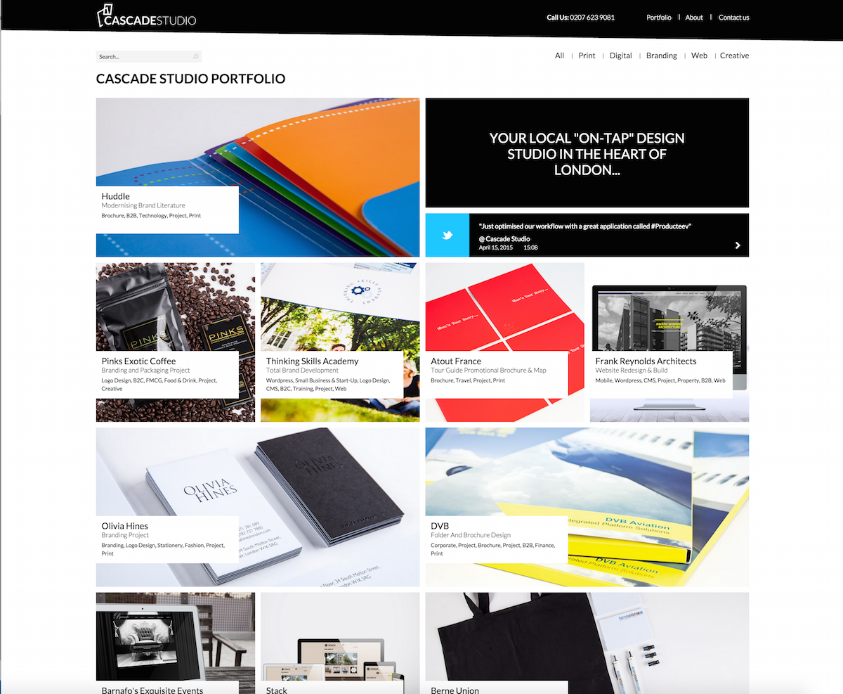 New Cascade Studio portfolio website showcasing print and web design capabilities