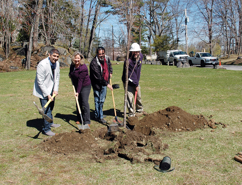 Arborist Russell Wagner from Almstead (right) with board members of the Hudson Gateway Chamber of Commerce planting an American Elm in Depew Park in Peekskill, NY