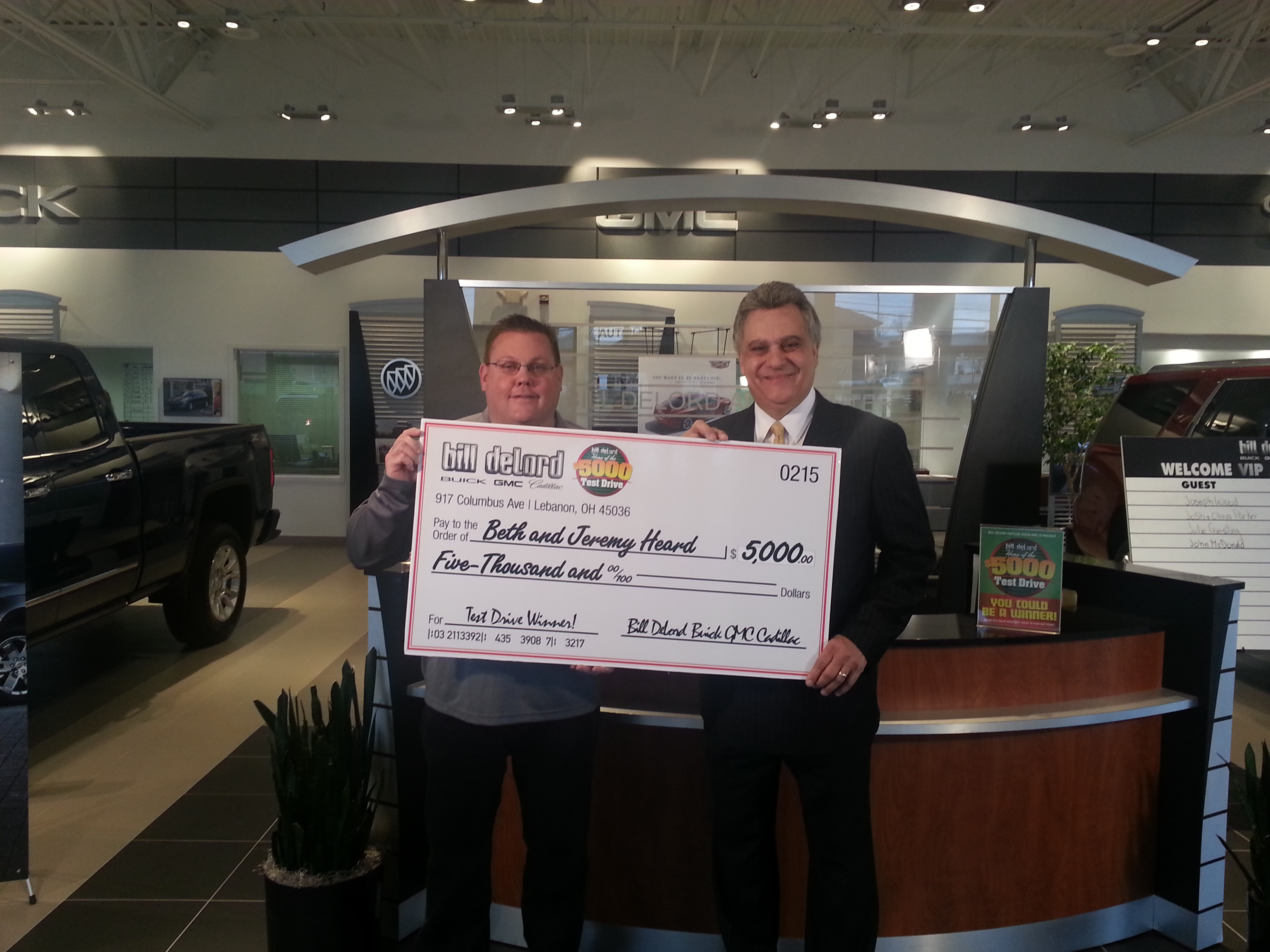 Beth and Jeremy Heard are the second winners of the Bill DeLord Buick GMC Cadillac $5000 Test Drive.  Pictured left to right: Jeremy Heard, Bill DeLord.  For more information, go to BillDeLord.com