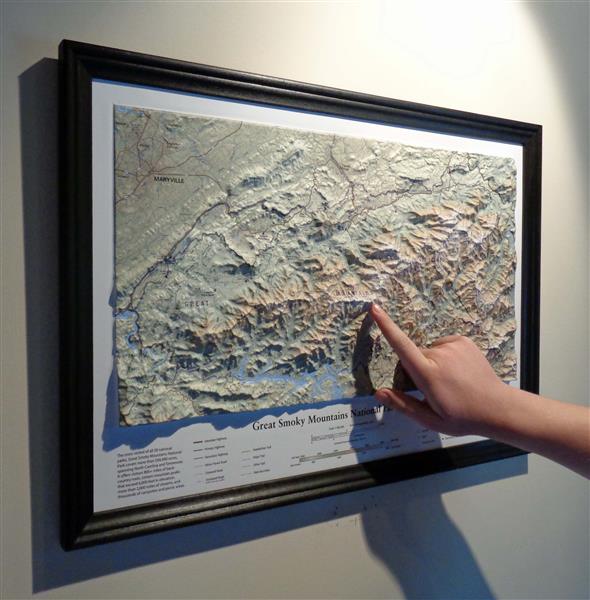 The Great Smoky Mountains National Park 3D trail map is available unframed or framed with four molding options.