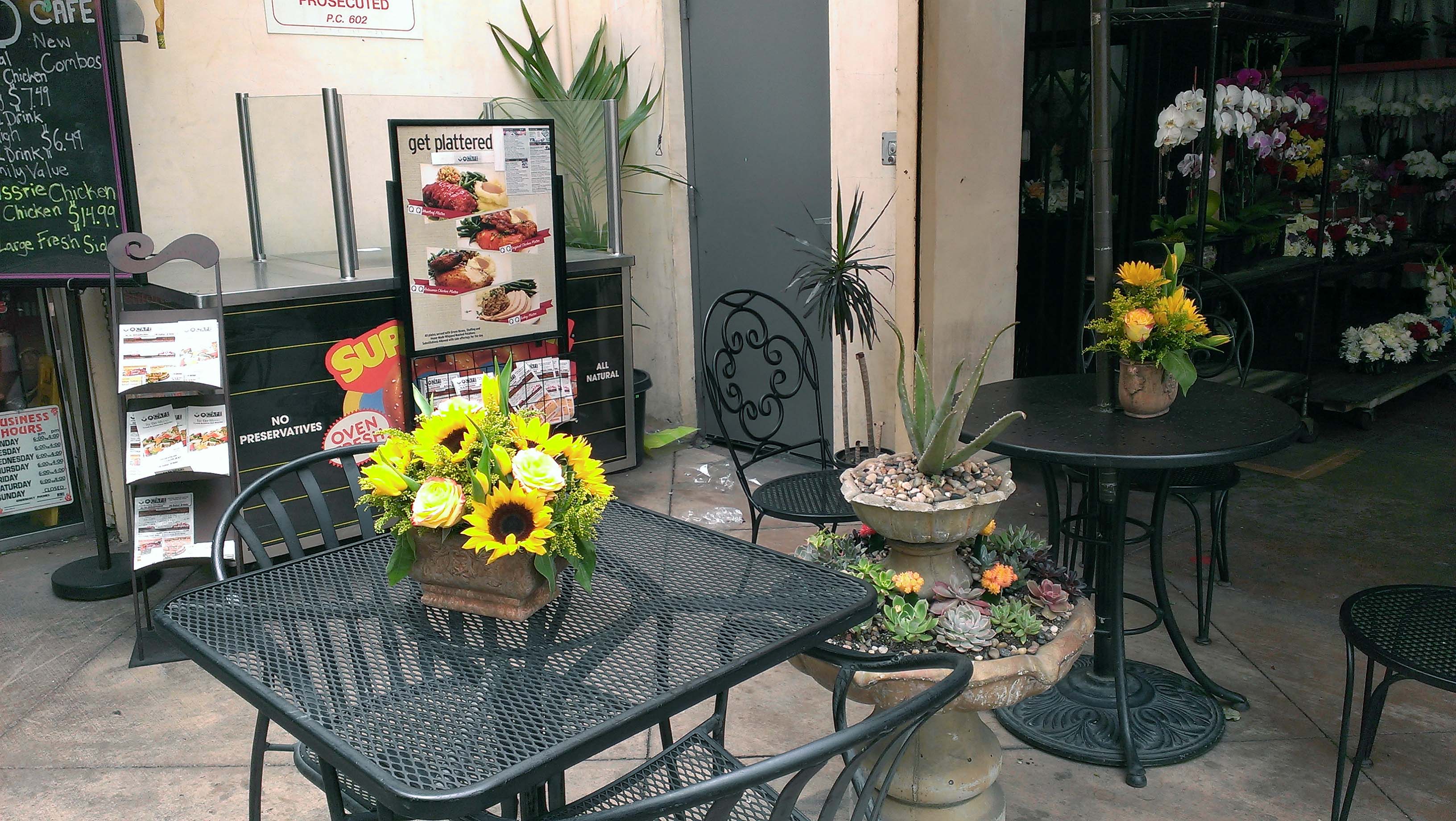 QQ Cafe at California Flower Mall features floral designs by Mireya's Flowers