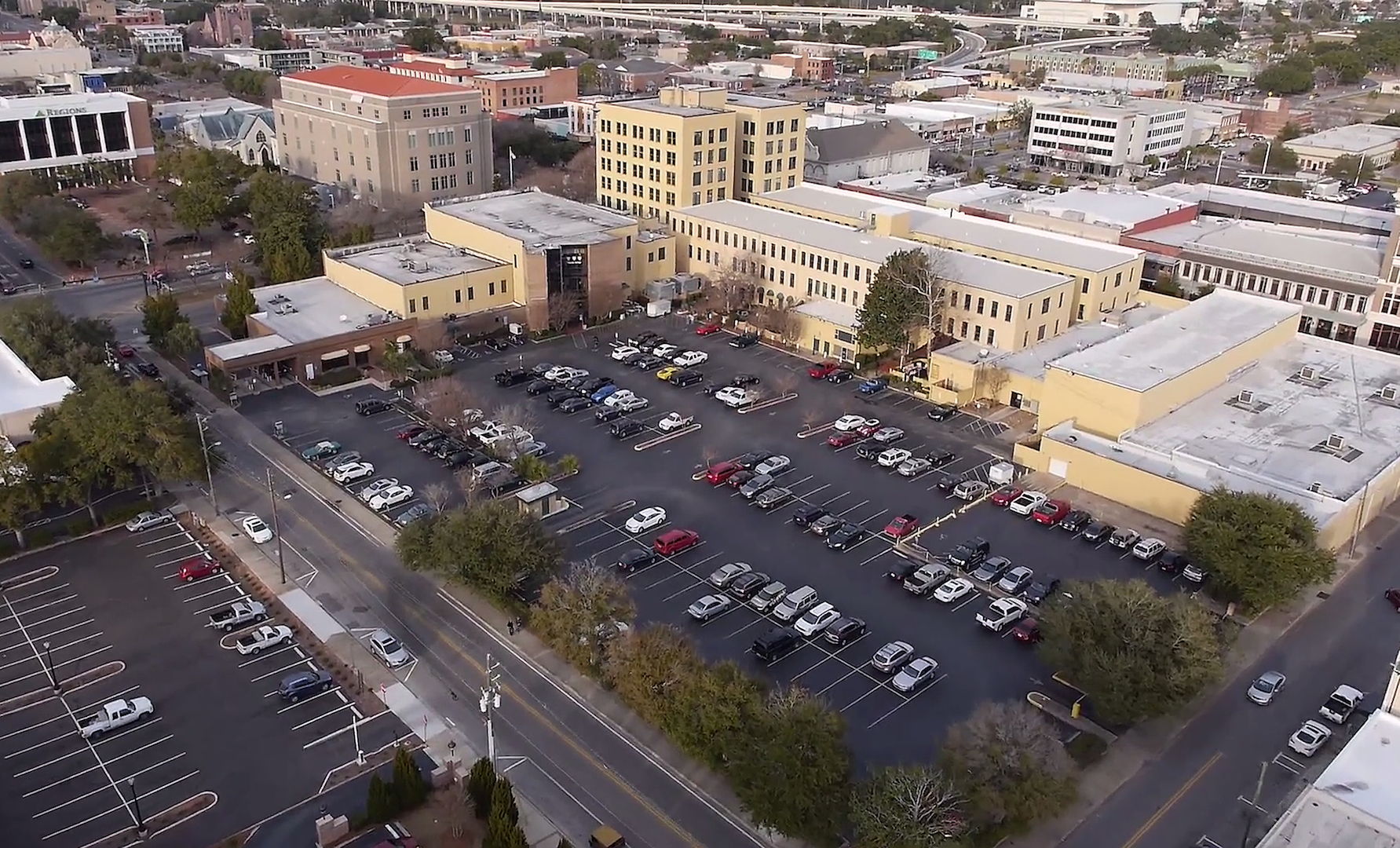 Aerial view of the back of the Brent block in downtown Pensacola