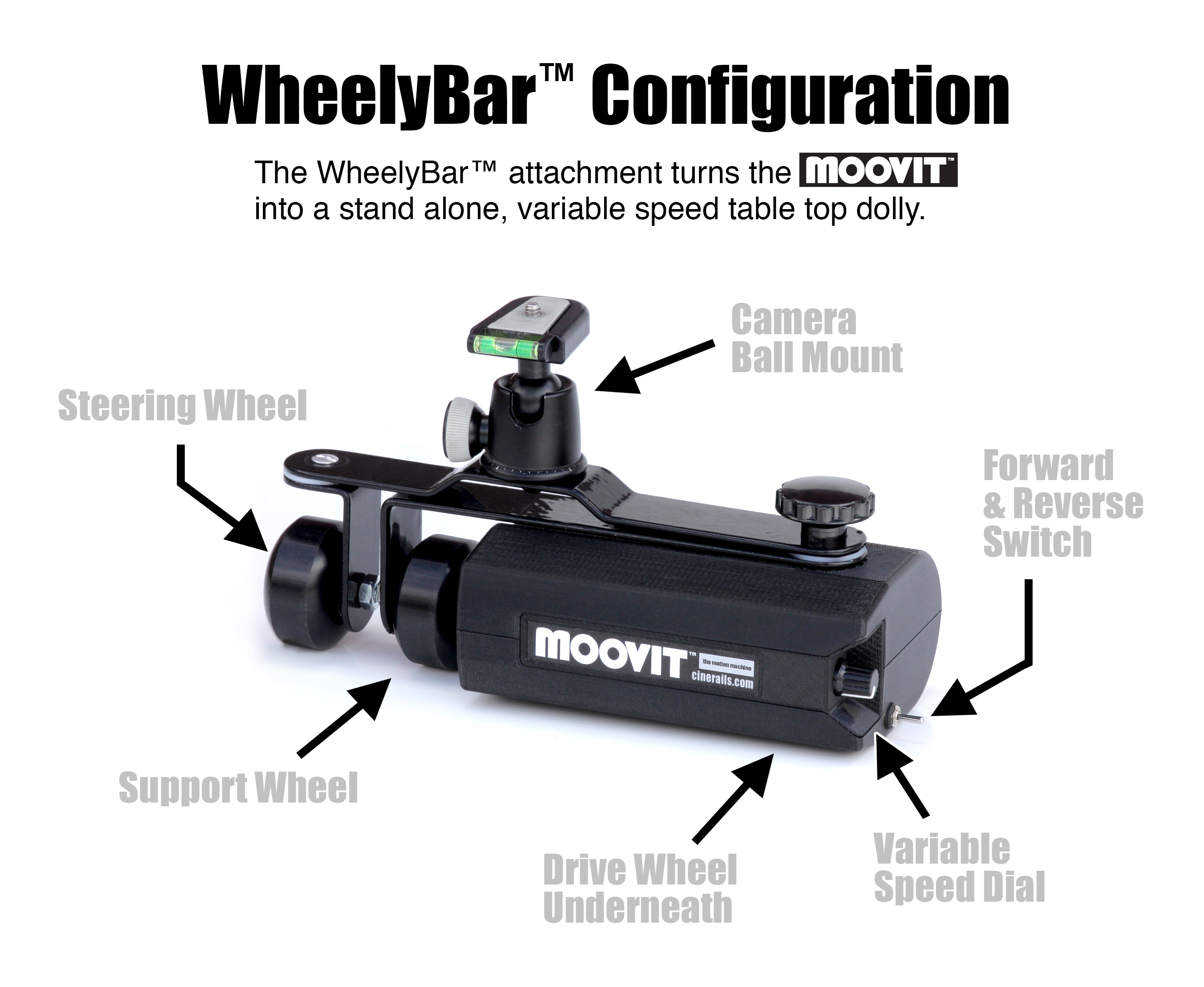 MOOVIT™ Motion Drive Unit Attached to the WheelyBar™ Accessory and Folds Out to Create a Self Contained Table Top Dolly with Variable Speed and Bluetooth™ Control