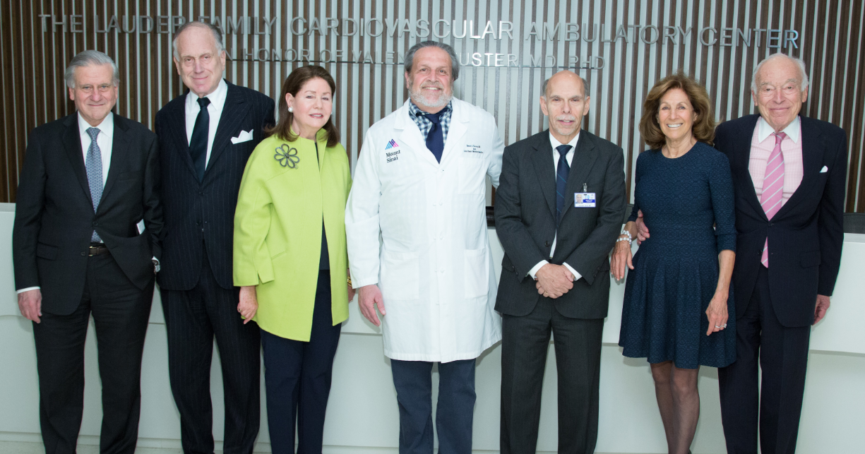 Valentin Fuster, MD, PhD, Director of Mount Sinai Heart; Ronald S. Lauder and Jo Carole Lauder; Dennis S. Charney, MD, the Anne and Joel Ehrenkranz Dean of the Icahn School of Medicine at Mount Sinai; Kenneth L. Davis, MD, President and Chief Executive Officer of the Mount Sinai Health System; Judy Lauder and Leonard Lauder.