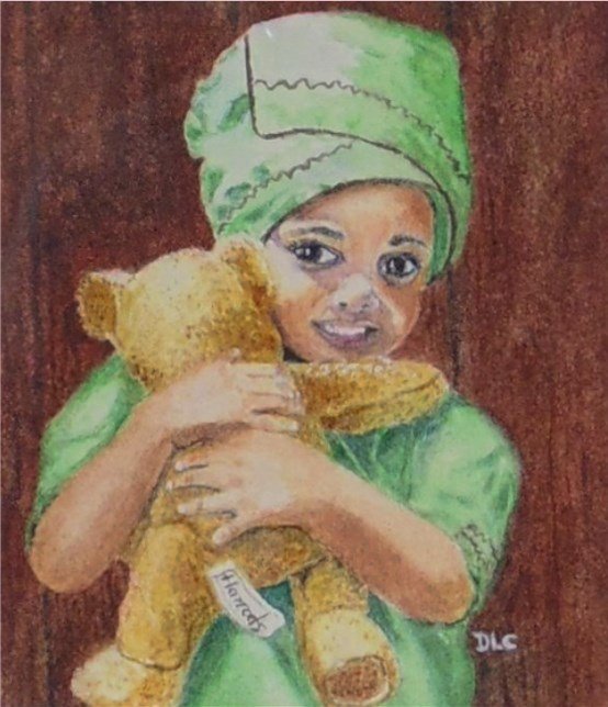 My New Teddy by Carew, watercolor painting 2 5/8"x 2 3/8"