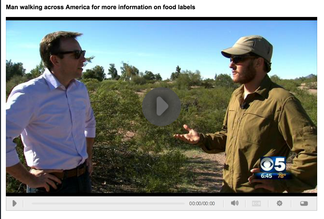 Taylor Lancaster Walks Across USA for GMO Labeling, interviewed on Phoenix CBS Channel 5
