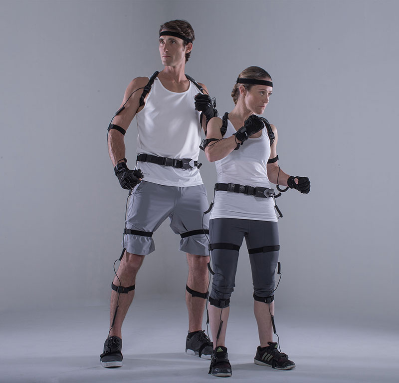 Professional stunt performers Lucy Steel Romberg and Paul Darnell wearing the Perception Neuron full-body motion capture system.