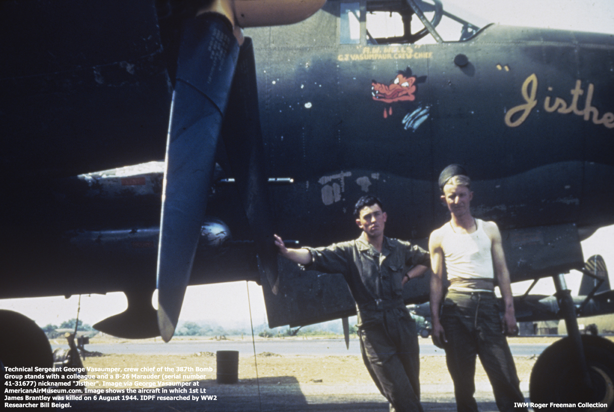 Technical Sergeant George Vasaumper, crew chief of the 387th Bomb Group stands with a colleague and a B-26 Marauder (serial number 41-31677) nicknamed "Jisther". Image via George Vasaumper at American