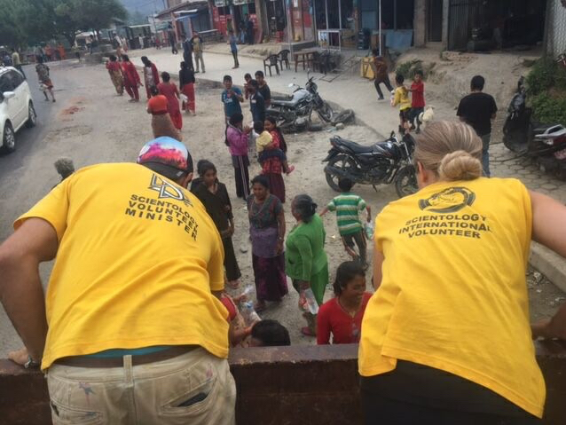 VM team members pass out food at one of four villages outside Kathmandu, Nepal.