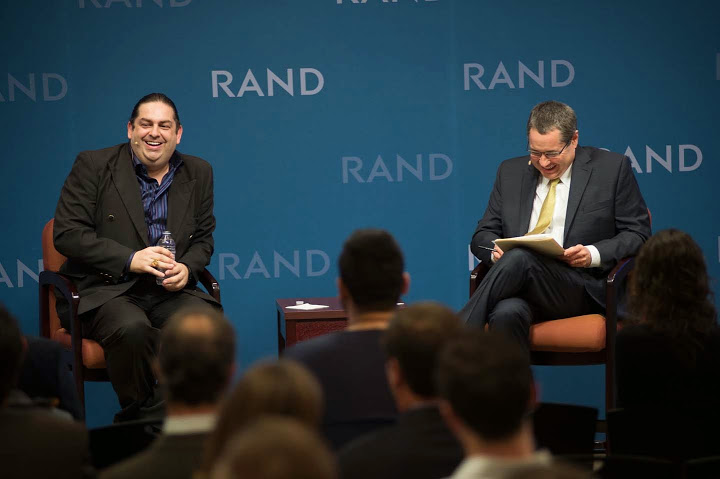 Walter O'Brien, left, at RAND event
