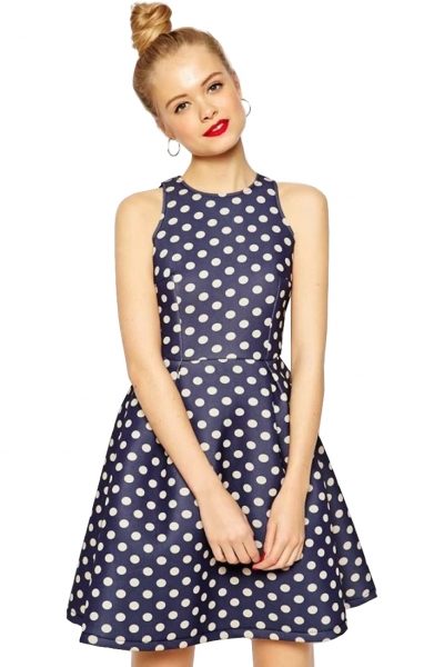 polka dot print sleeveless waisted dress