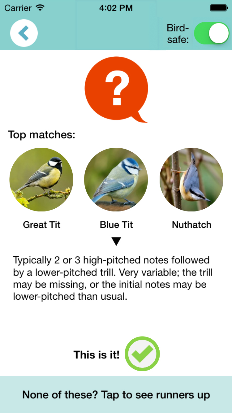 Chirpomatic results screen with Bird-safe mode switched on