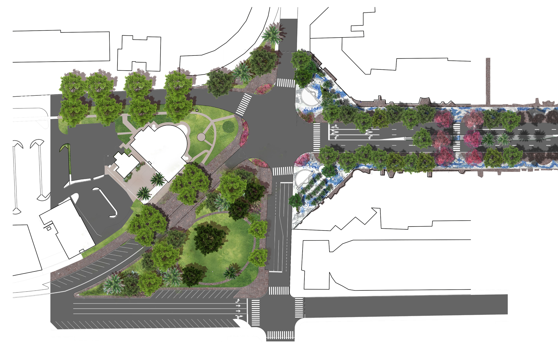 Streetscape plan of LeJeune Plaza, the west terminus of Miracle Mile, with Coral Gables City Hall at left