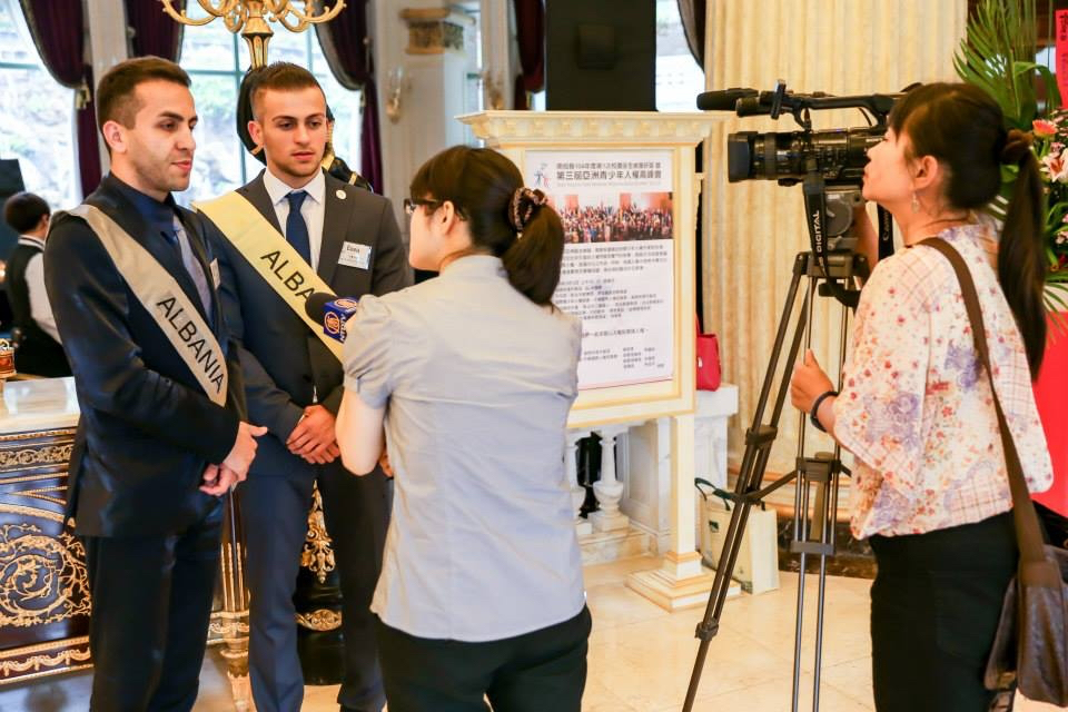 Youth delegates from Albania attending the 3rd Annual Human Rights Youth Summit are interviewed by Taiwanese TV.