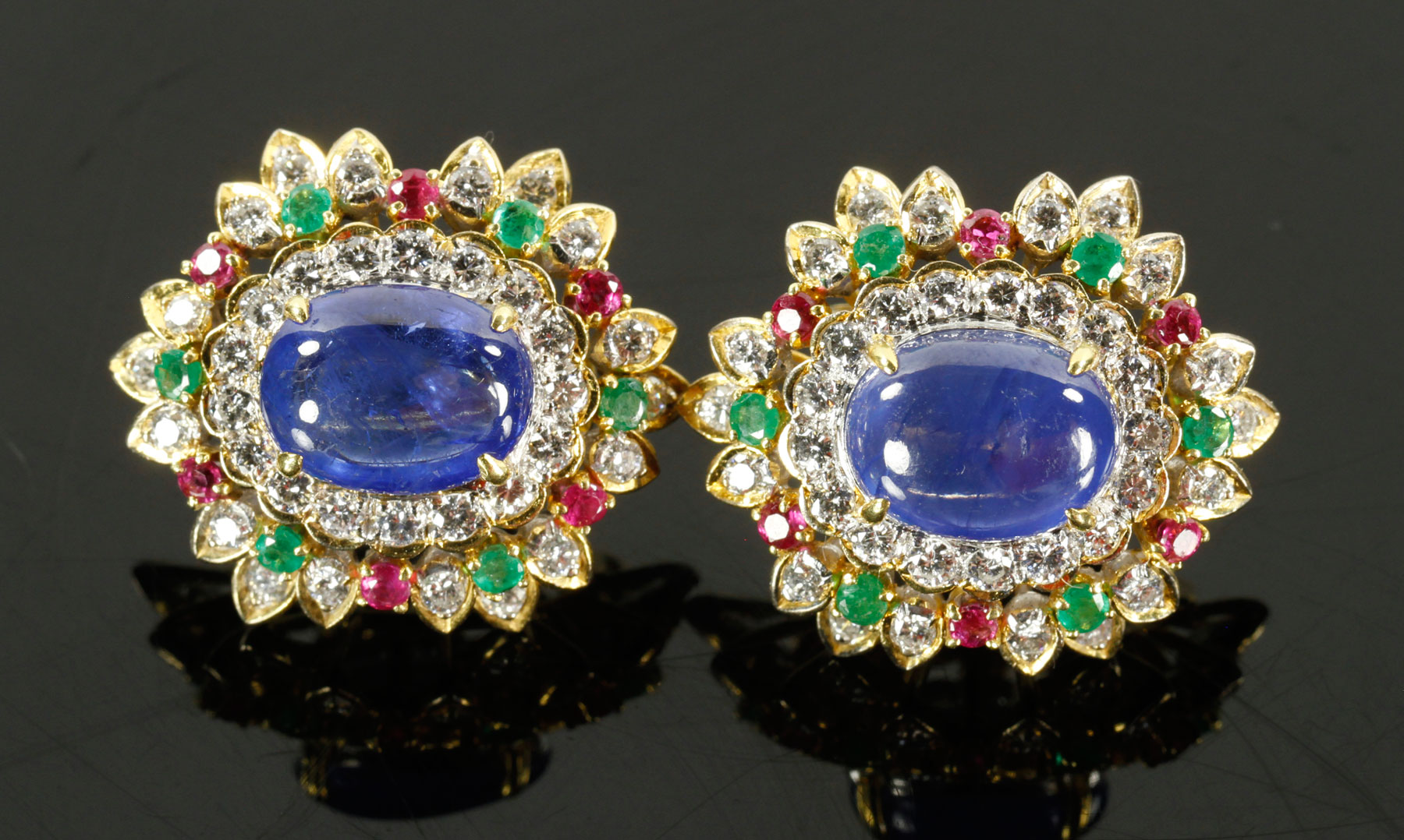 18K yellow gold earrings, with cabochon sapphires, diamonds, rubies, and emeralds