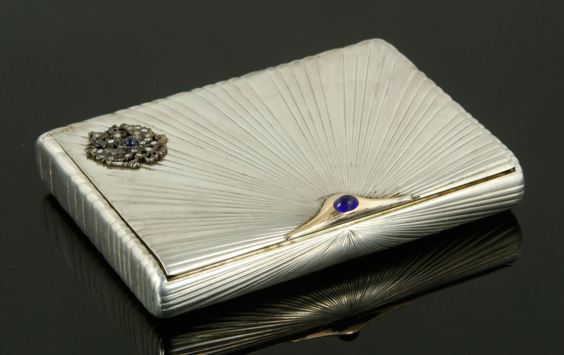 Russian Faberge cigarette case, silver with diamonds, sapphires, and 14K yellow gold