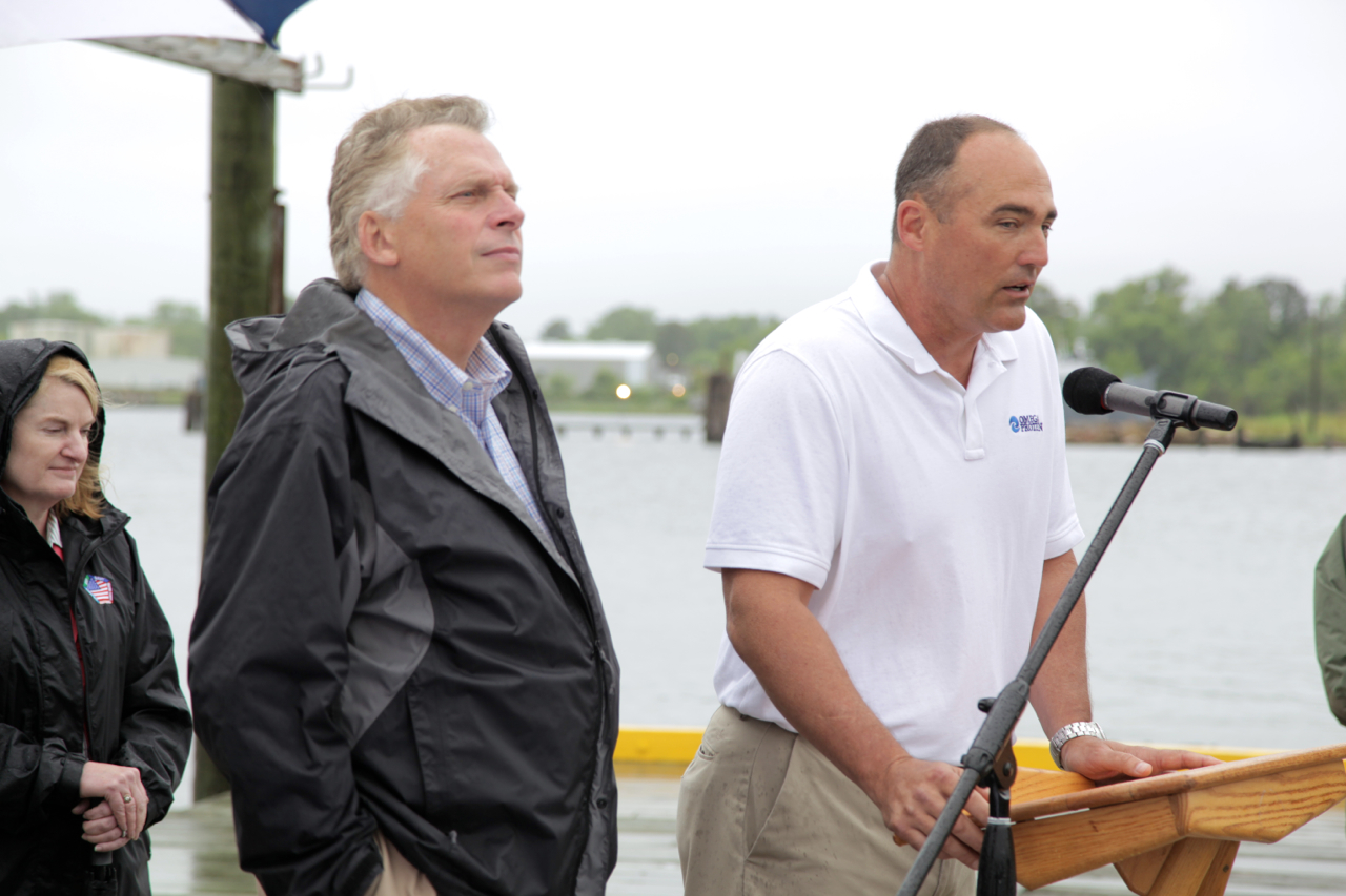 Omega Protein Vice President of Fishing Operations Monty Deihl speaks during Gov. Terry McAuliffe's visit to Reedville, Va.