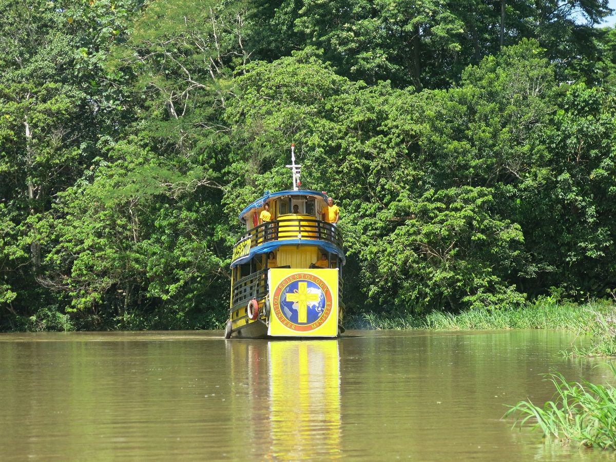 The Scientology Volunteers Ministers Amazon Goodwill Tour riverboat carried tour members down the river from Leticia, Colombia, this month across the border of Brazil to the town of Iranduba, the new