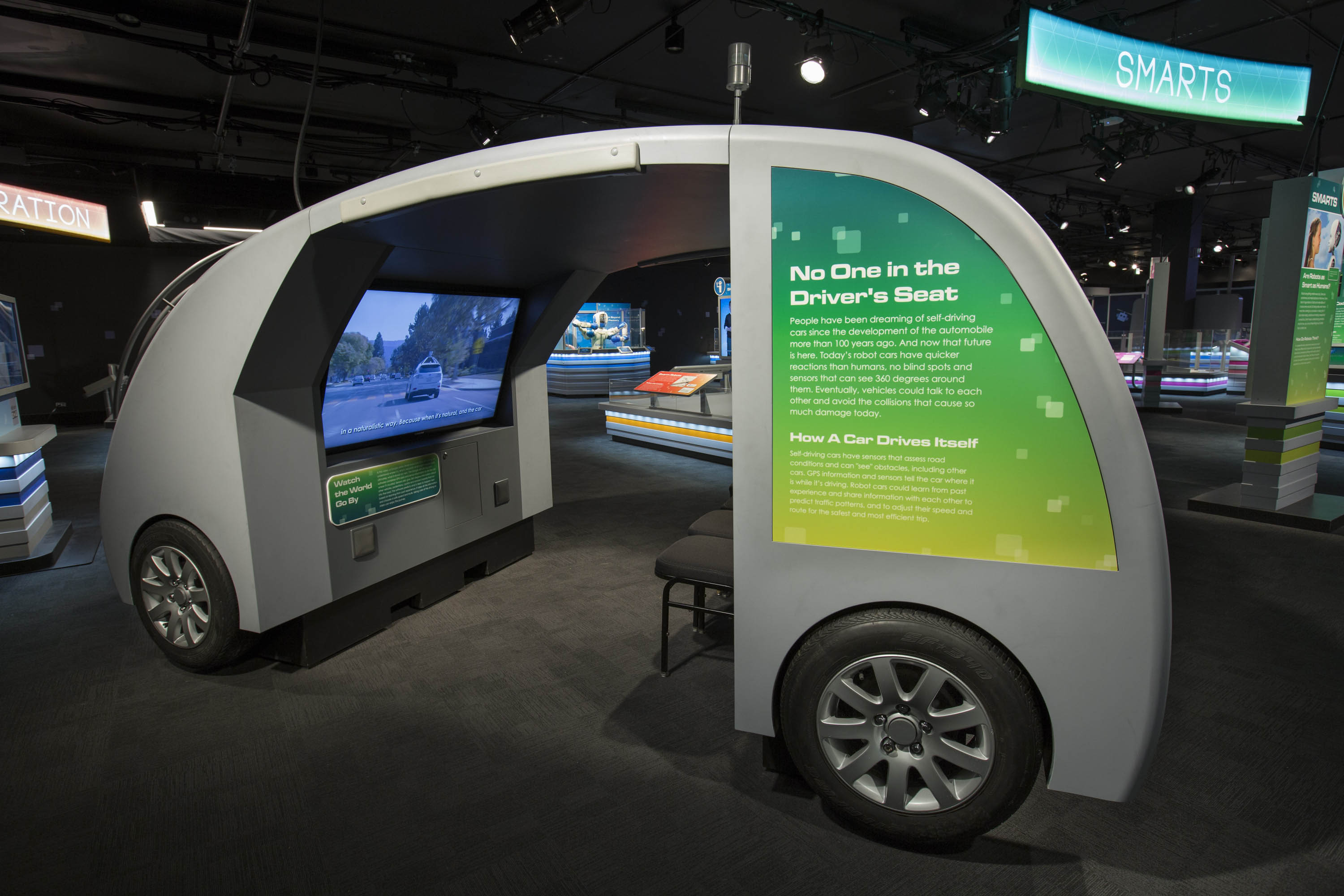 Inside self-driving car exhibit at Robot Revolution
