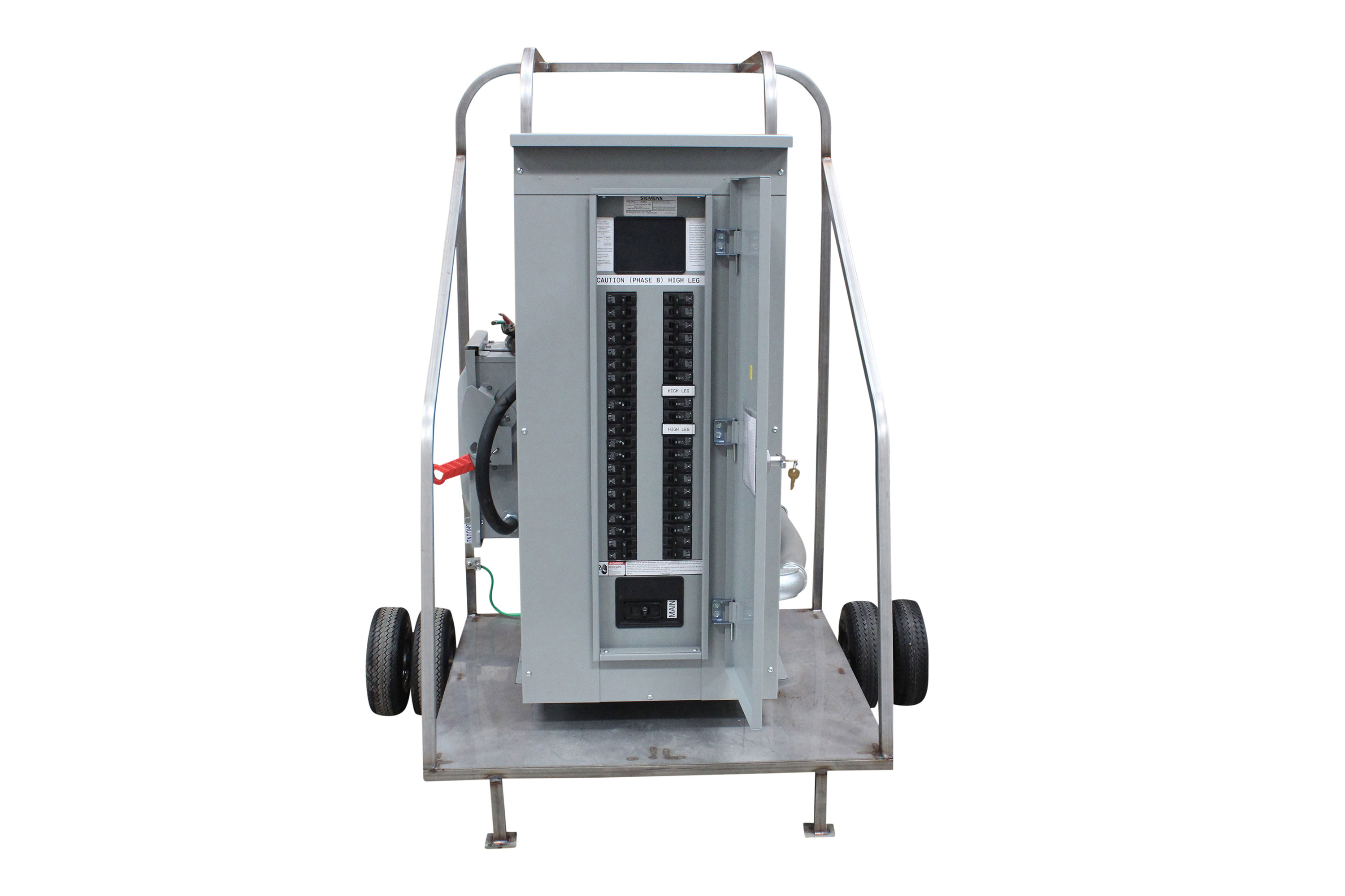 Power Distribution Cart that features 14 Double Pole Breakers and 28 Single Pole Breakers