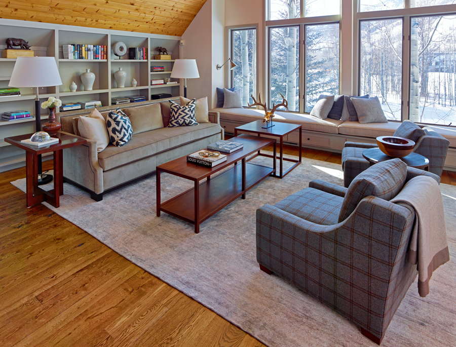 Natural tones and textures create an inviting setting for enjoying spectacular Jackson Hole views at this WRJ Design interior from the 2014 Jackson Hole Showcase of Homes.