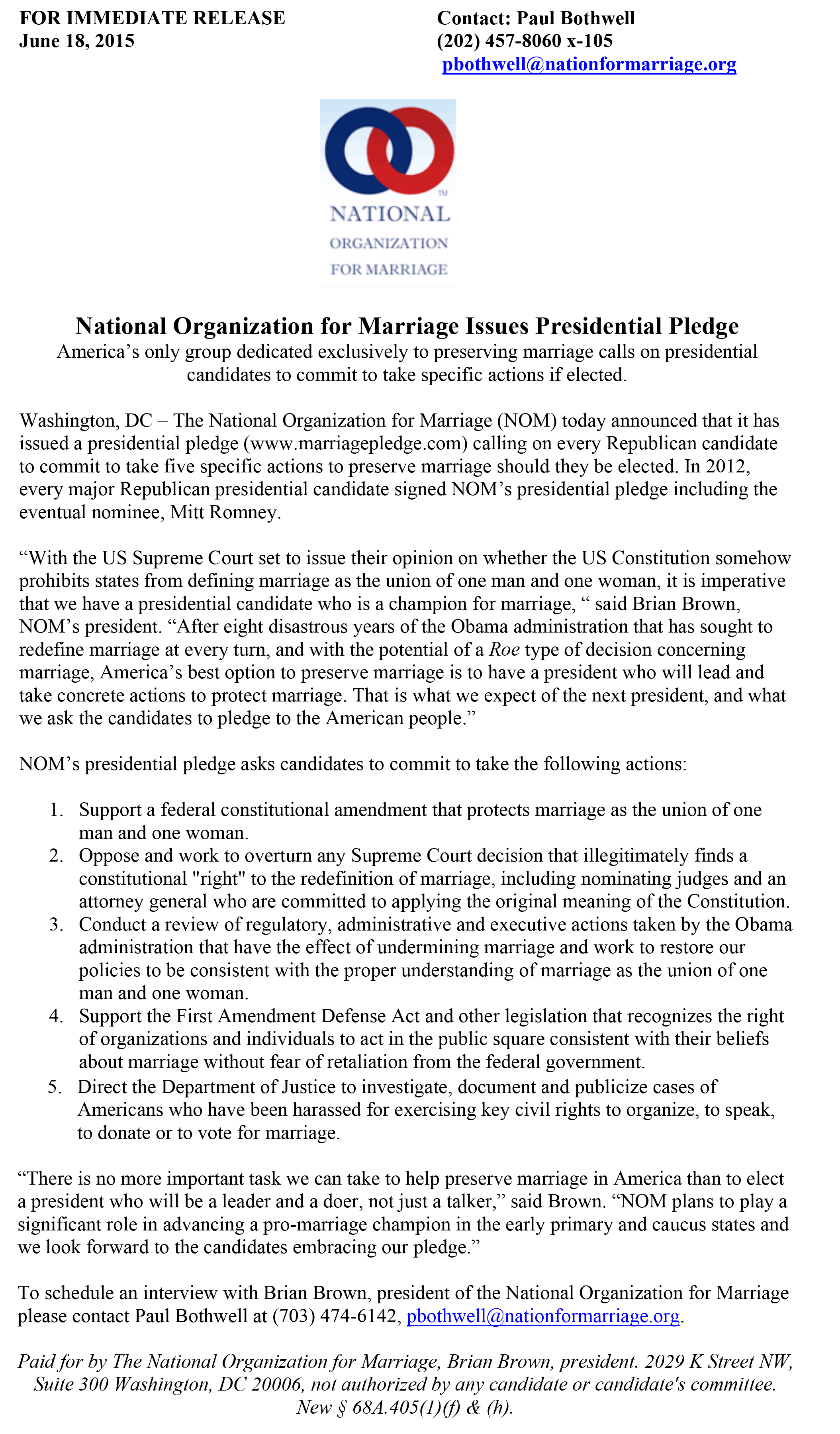 National Organization for Marriage Issues Presidential Pledge