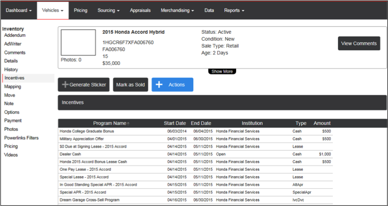 New Car Incentives Dashboard