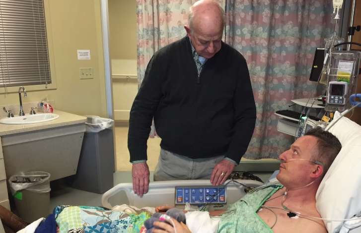 Andrew visits with his Dad, Claud Matney, while recovering in the ICU at University of Colorado Hospital. March 2015.