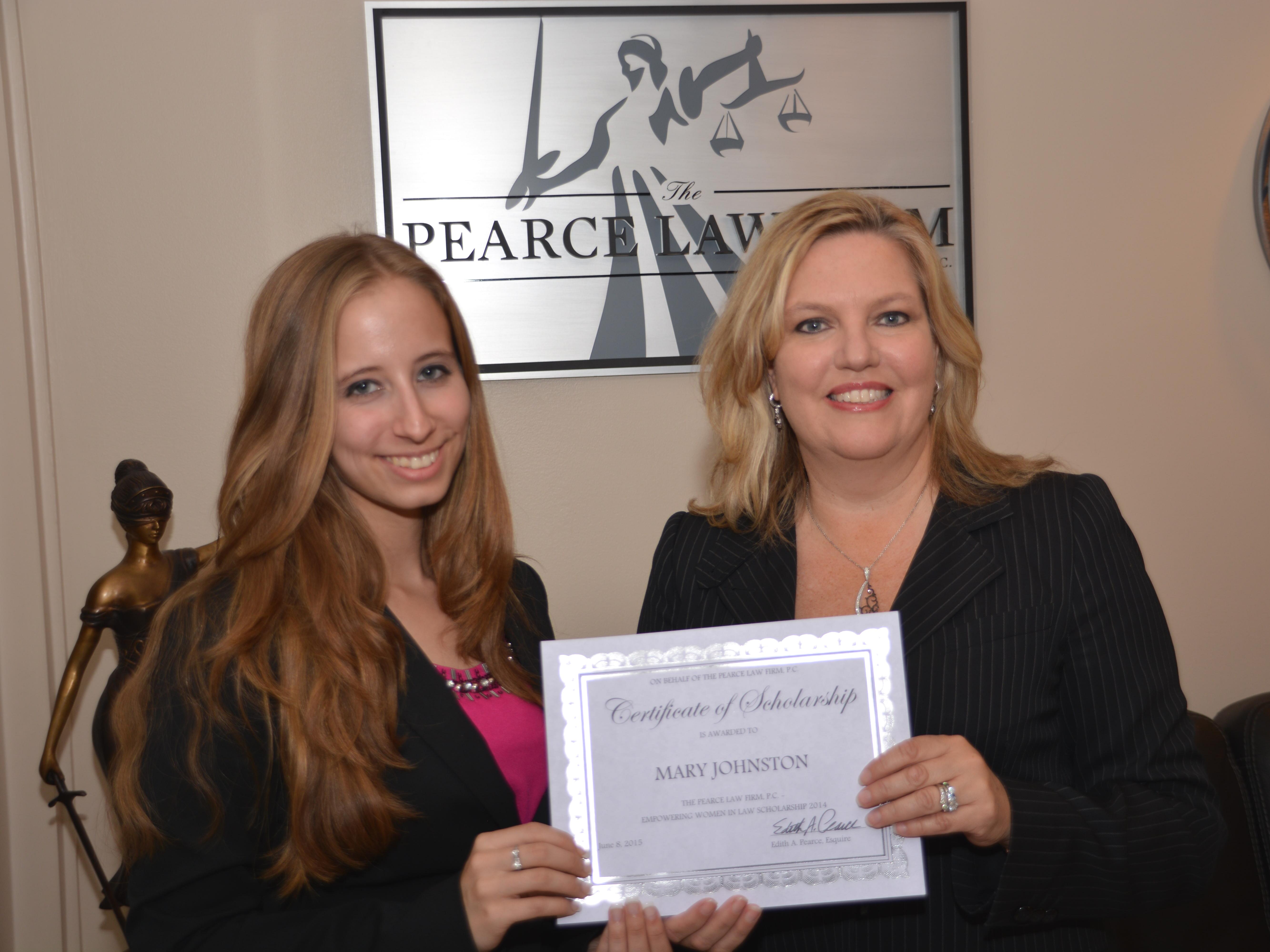 Attorney Edith Pearce awards Mary Johnston the Empowering Women In Law Scholarship