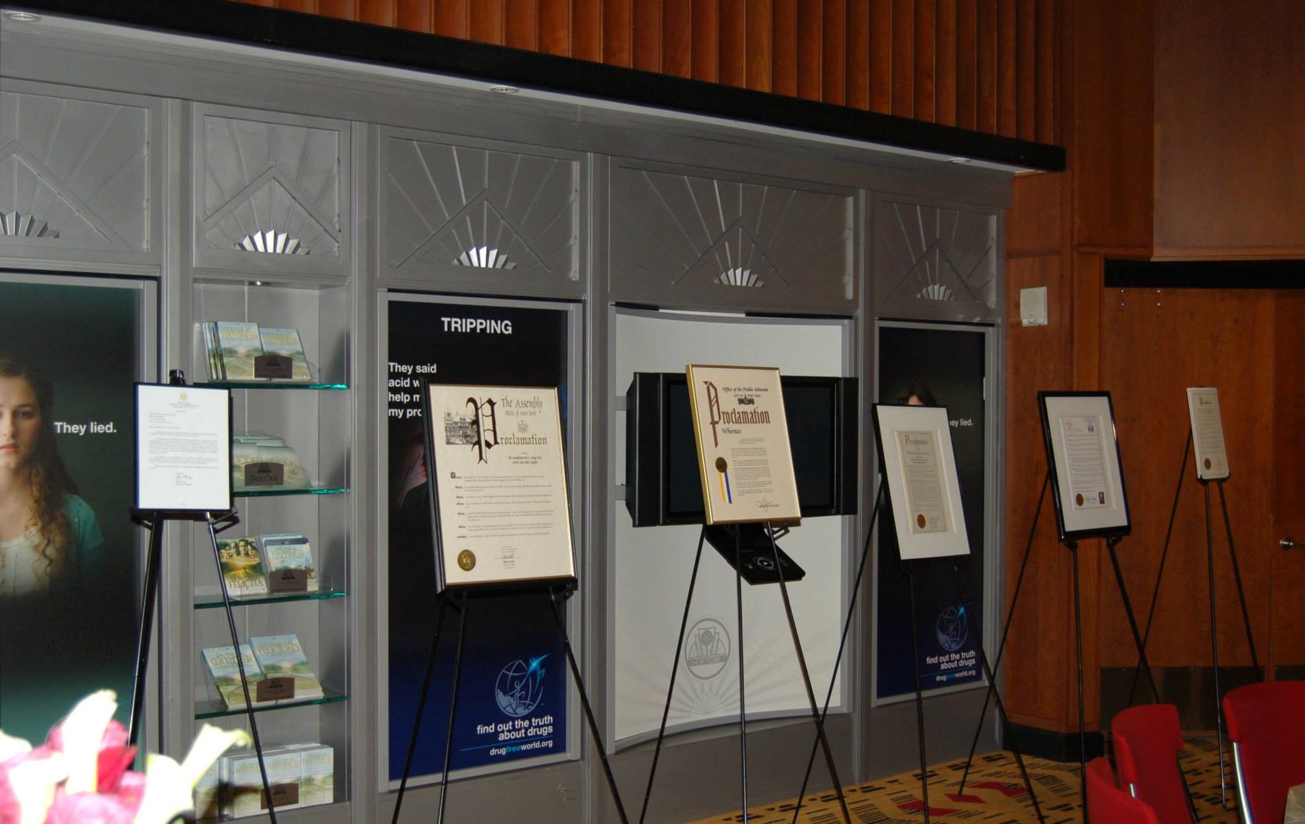 Proclamations honoring the New York chapter of the  Foundation for a Drug-Free World on display in the theater of the Church of Scientology New York.