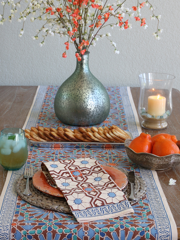 Mosaique Bleue table linens and dinner napkins are priced from $39.99 to $89.99.