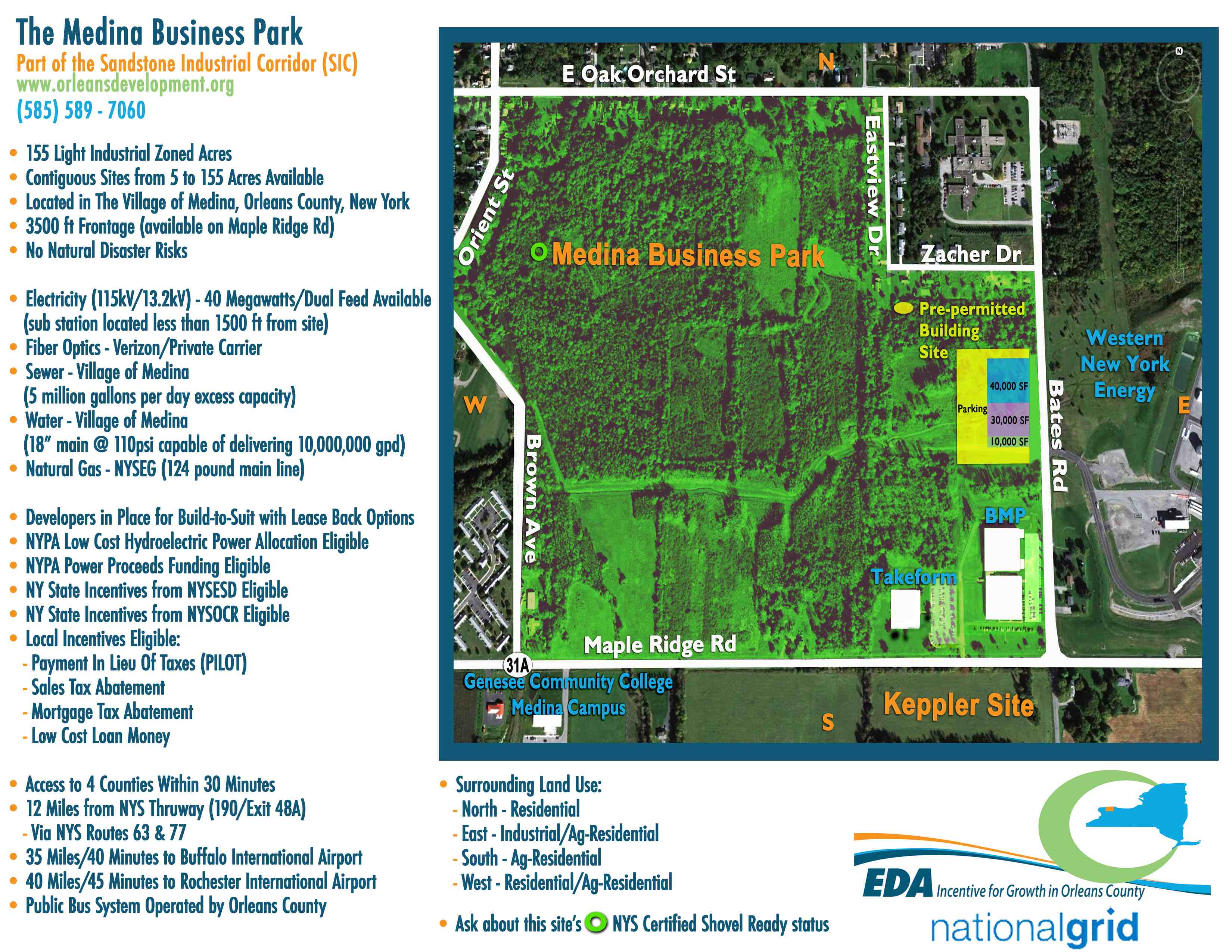 155 light industrial zoned acres, land cleared for development and pre-permitted building sites available in the Medina Business Park, Orleans County, NY