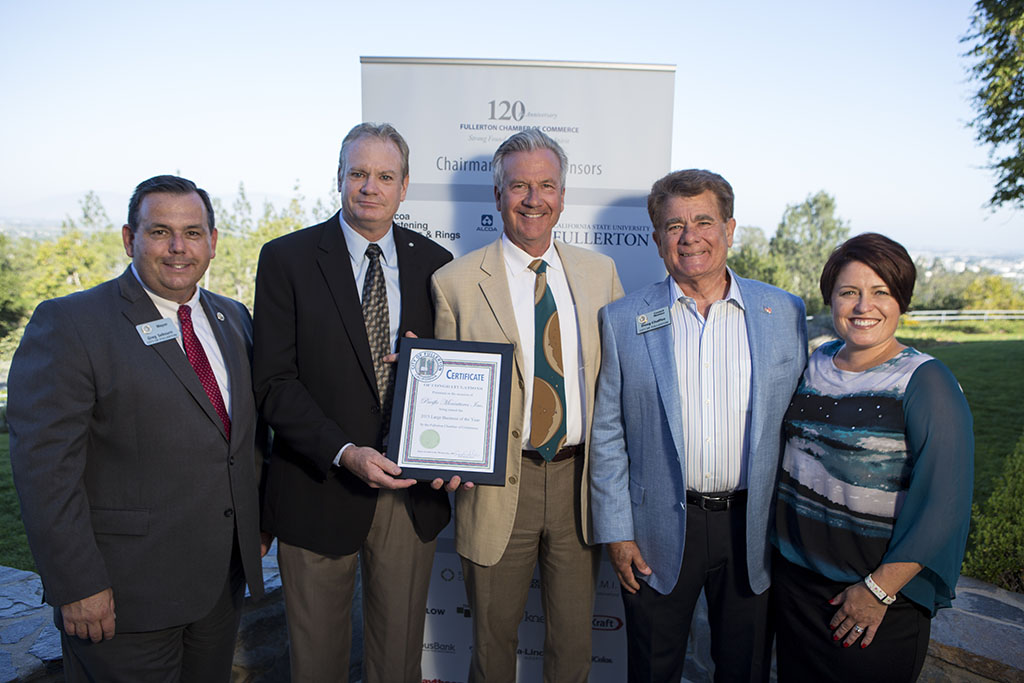 PacMin is named Large Business of the Year. Greg Sebourn, Fullerton Mayor (left), Dan Ouweleen, PacMin President, Fred Ouweleen, PacMin CEO, Doug Chaffee and Jennifer Fitzgerald, Chamber members.