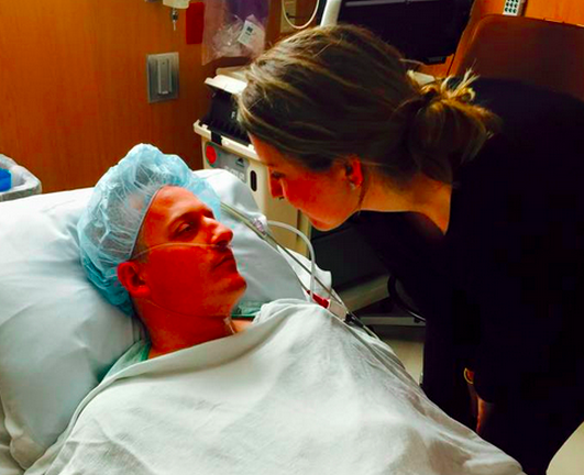 Alexis comforts Andrew before his most recent HIPEC surgery at University of Colorado Hospital, March 2015.