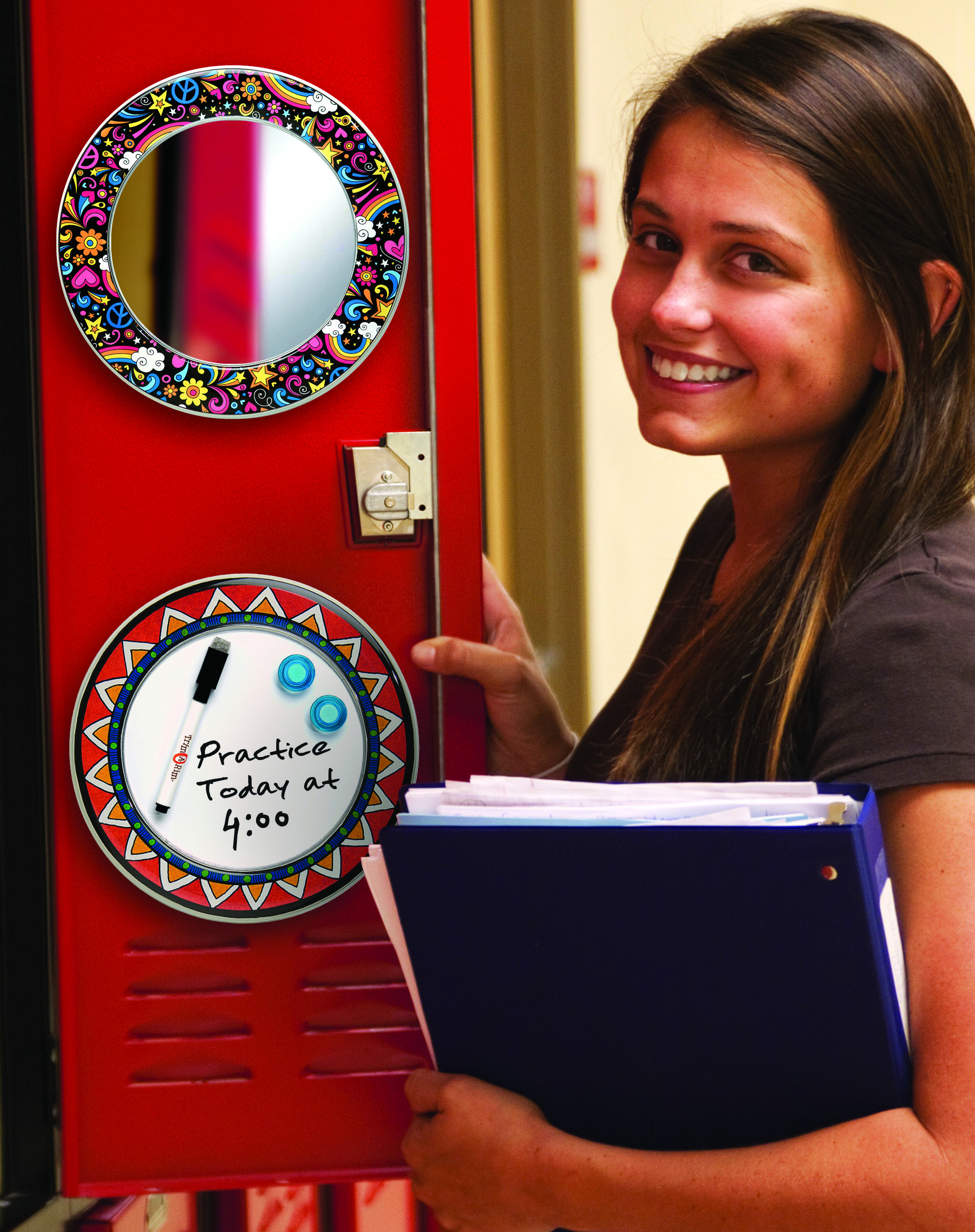 Trim-A-Rim Mini locker mirrors and magnetic whiteboards brighten up any school locker.