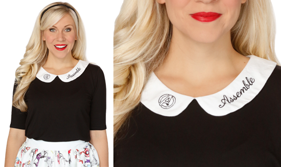 This striking Her Universe black & white stylish top has a subtle nod to everyone’s favorite superhero group. Embroidered on the collar is the famous Avengers symbol followed by the line ASSEMBLE.