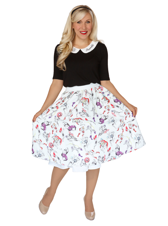 Her Universe has assembled all the Avengers on this pop color skirt but with just a subtle hint of the hues that make up each of their famous looks.