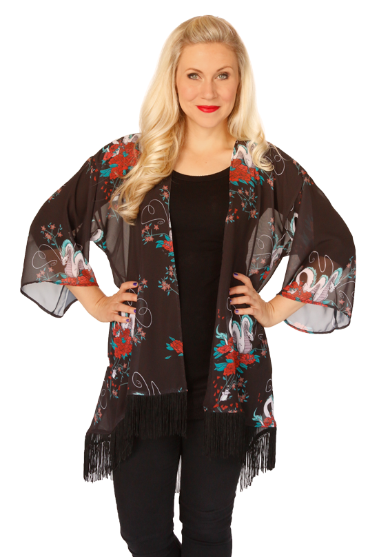 Featuring imagery from Hayao Miyazaki’s timeless film, Spirited Away, this open front chiffon kimono top reflects the magical world powerfully brought to life in the Studio Ghibli classic.