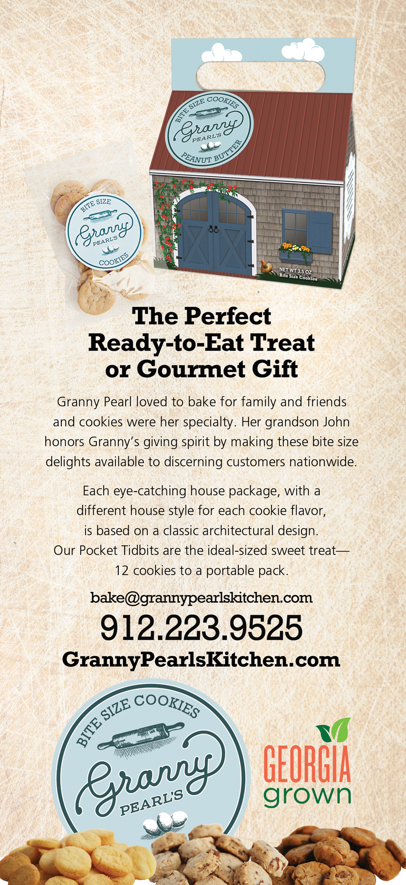In addition to the house packaging, Granny Pearl’s cookies are also available in smaller Pocket Tidbit packs.