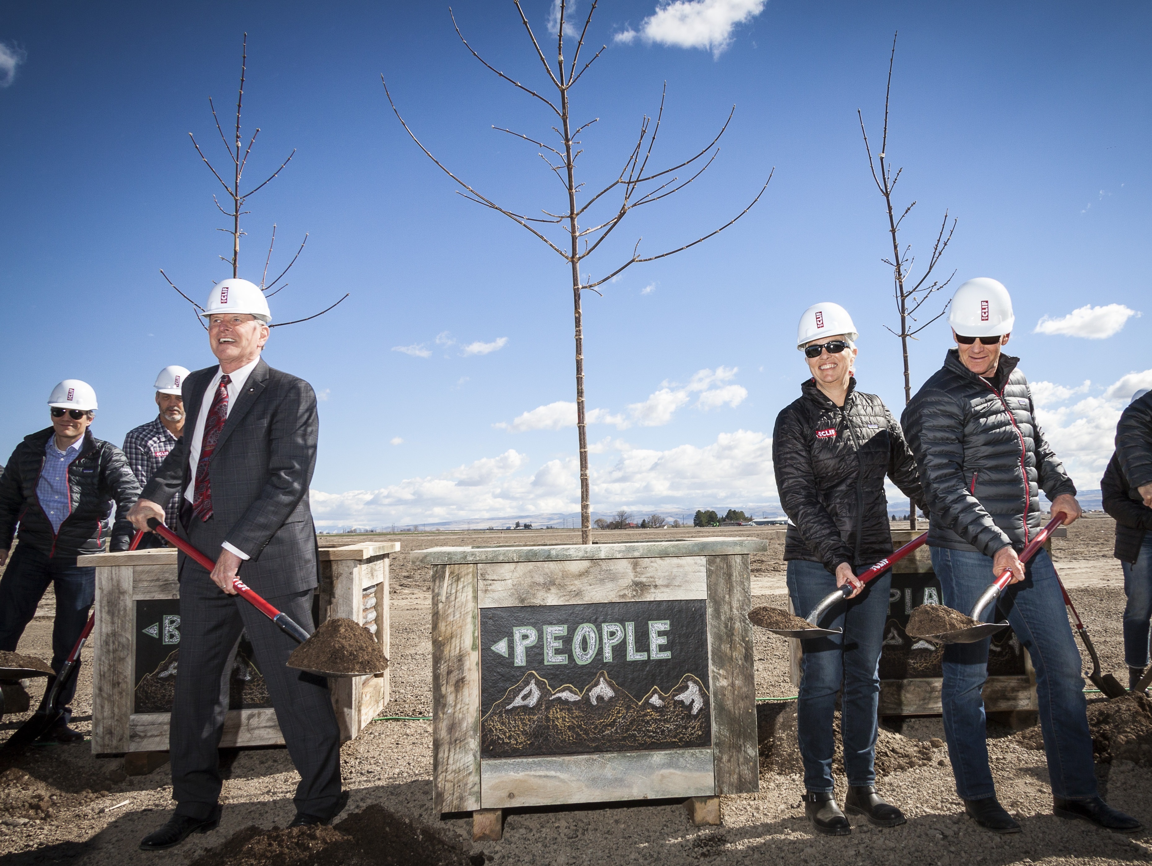 Idaho Governor Butch Otter (l) joins Clif Bar’s Kit Crawford (c) and Gary Erickson (r) at the March 12, 2015, ground breaking of Clif Bar Baking Company, Twin Falls, Idaho.