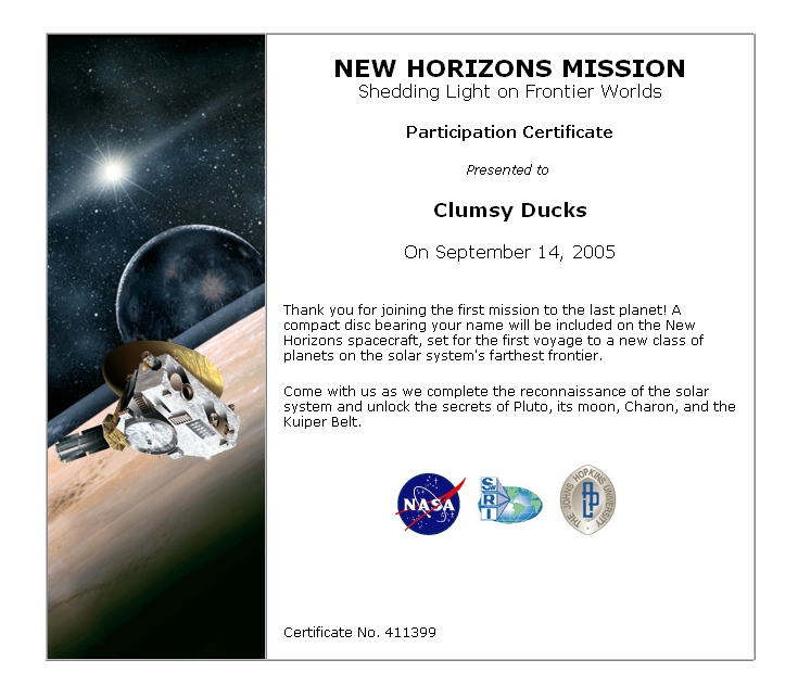 New Horizons Name Certificate With Registration Number