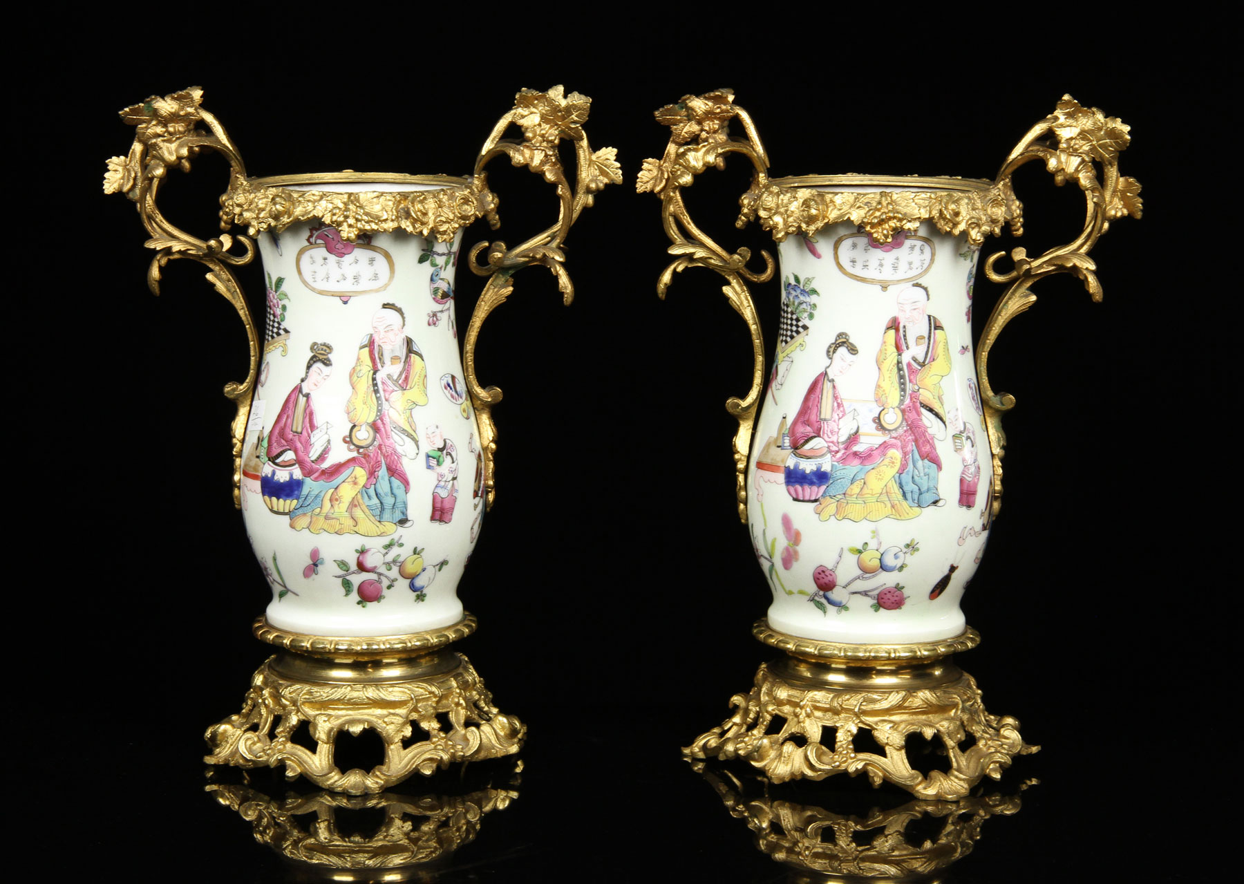 Pair of Chinese ormolu mounted porcelain vases