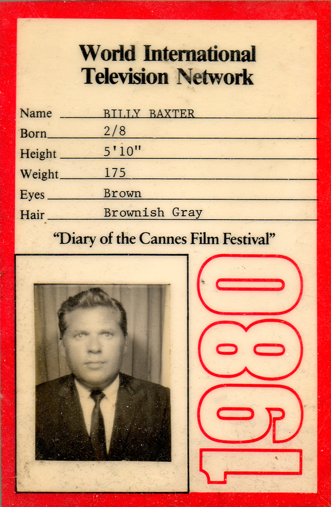 Billy 'Silver Dollar' Baxter's "Credentials" for 1980 Cannes Film Festival