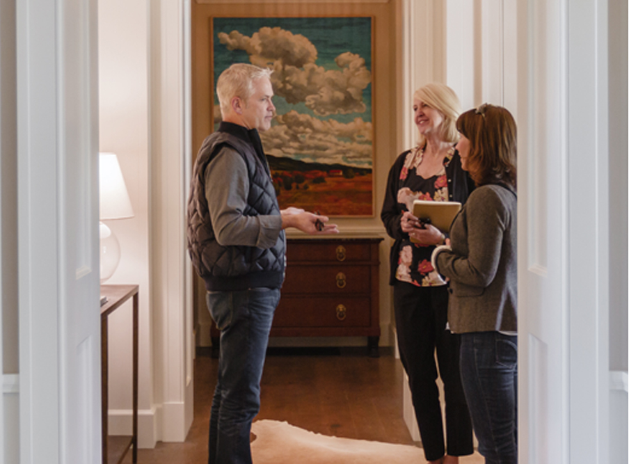 WordenGroup’s Darla Worden and Amy Stark discuss a WRJ Design-created interior with Rush Jenkins, CEO of the PR firm’s new Jackson Hole interior design client.