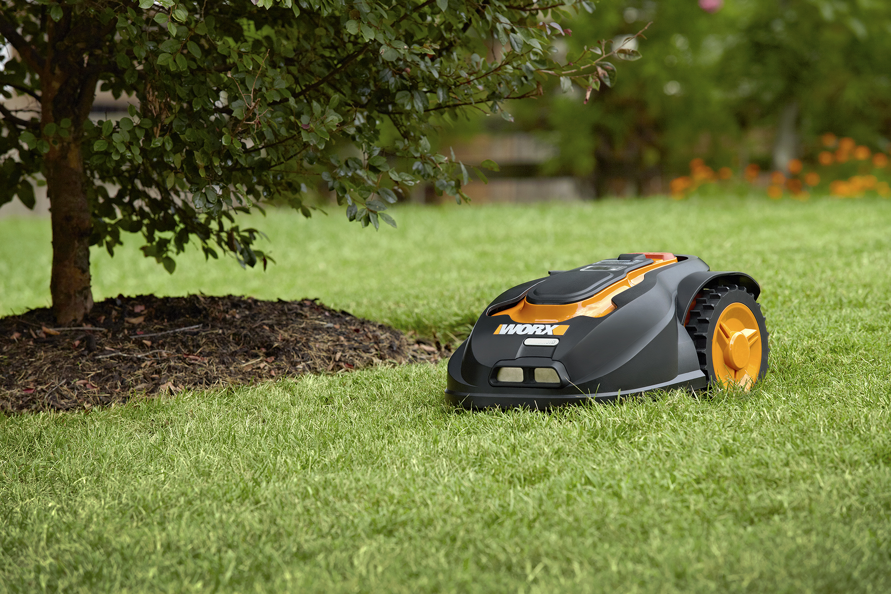 WORX Landroid avoids obstacles, such as trees  and flower beds.