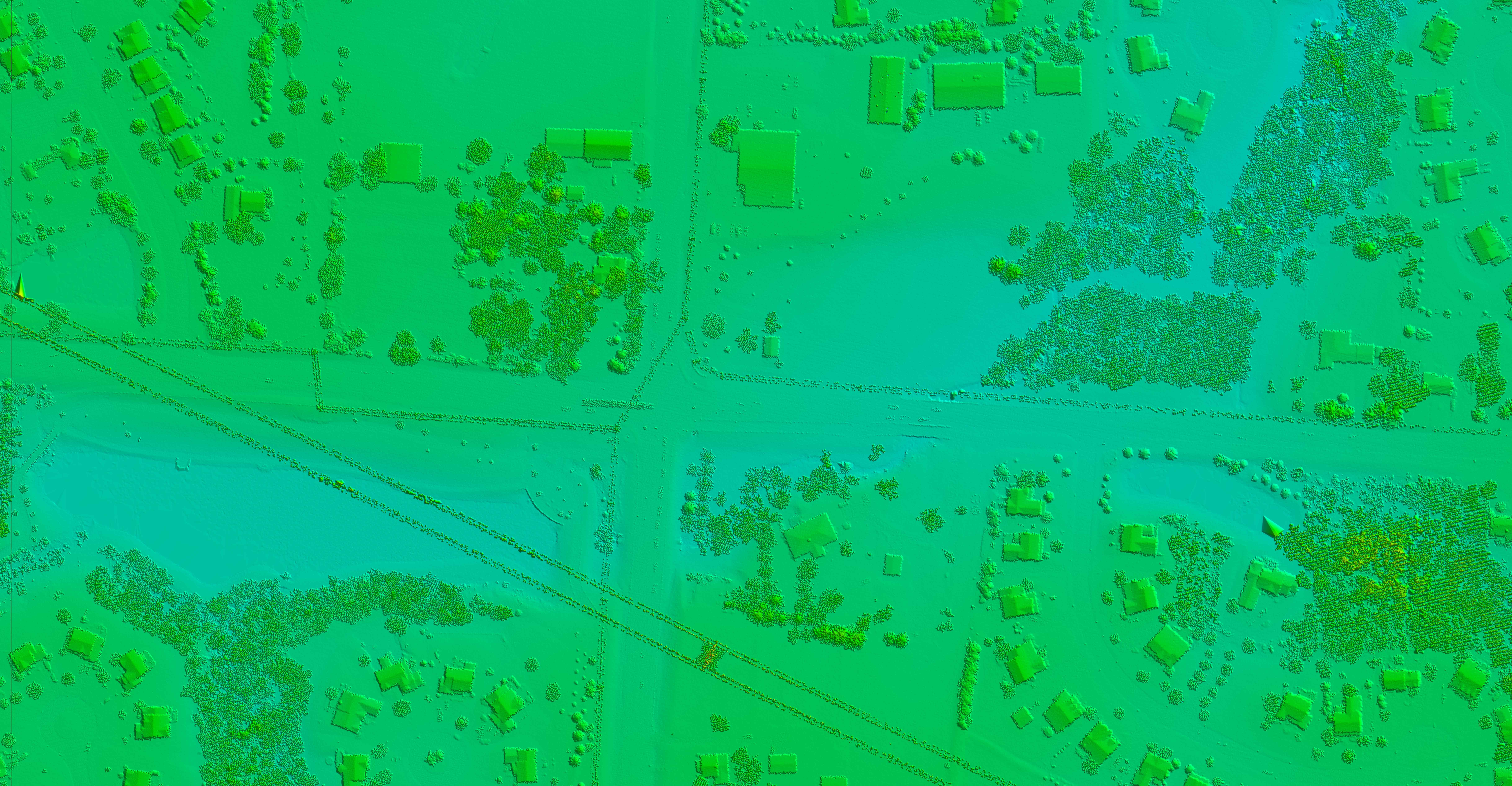 This image of South Old State Road shows how LiDAR uses datapoints to construct high-resolution maps. This digital surface model displays all surfaces captured by the LiDAR sensor.