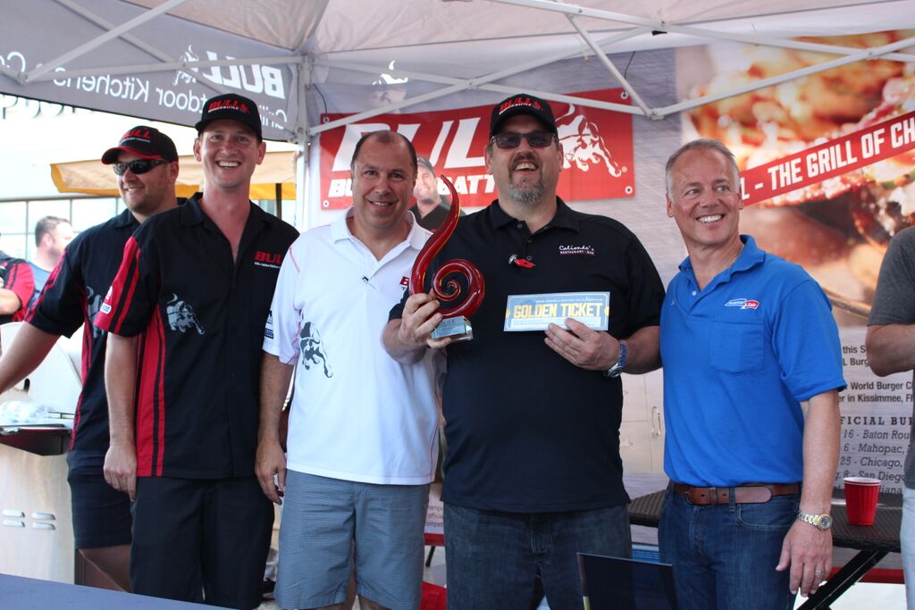 Bull Outdoors Products, Inc.Director of National Accounts and International Sales Will Hanson, Bull Founder and CEO Mark Nureddine, 2015 American Sale Bull Burger Battle Chicago Champ Naresh Nair and