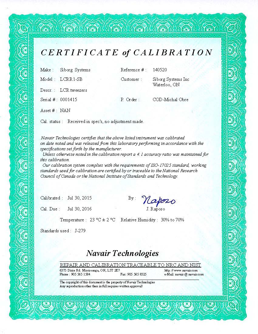 LCR-Reader Calibration Certificate 140520
