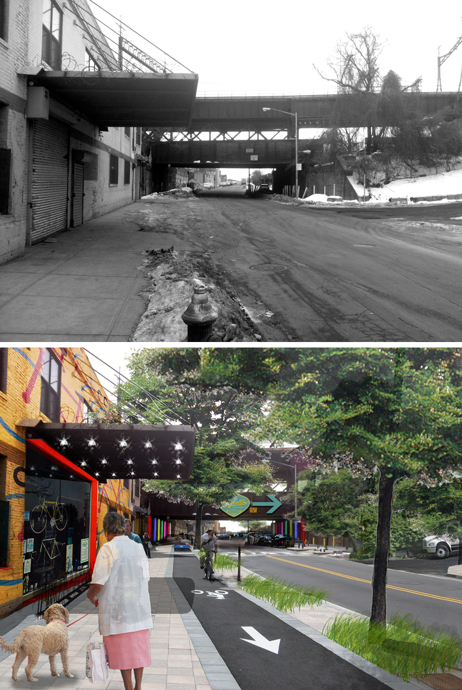 “Before” image of South Bronx 132nd and Willow streetscape (top) and planned healthy transformation (lower image), part of new Haven Project. (Courtesy Civitas/NYRP)